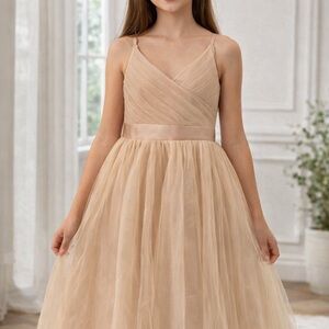 Girls' Champagne Tulle Formal Dress with Satin Waistband